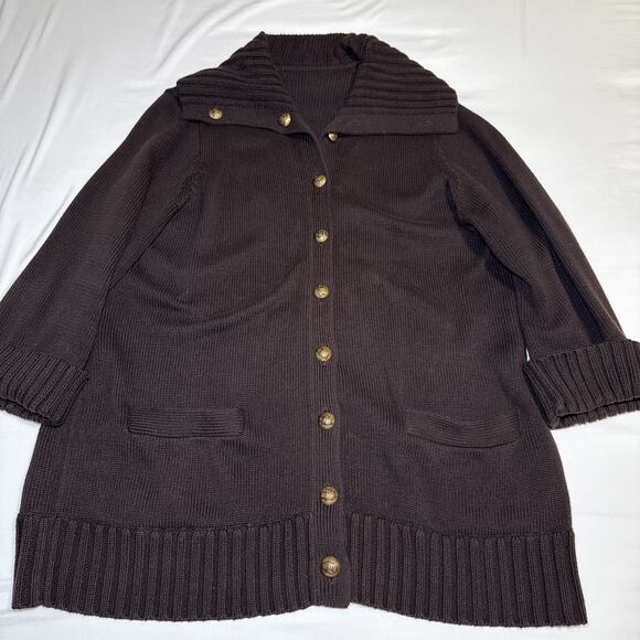 Lauren Ralph Lauren Heavy Knit Jacket Brown Cardigan Metal Logo Buttons Sz 2X ? - Picture 1 of 15